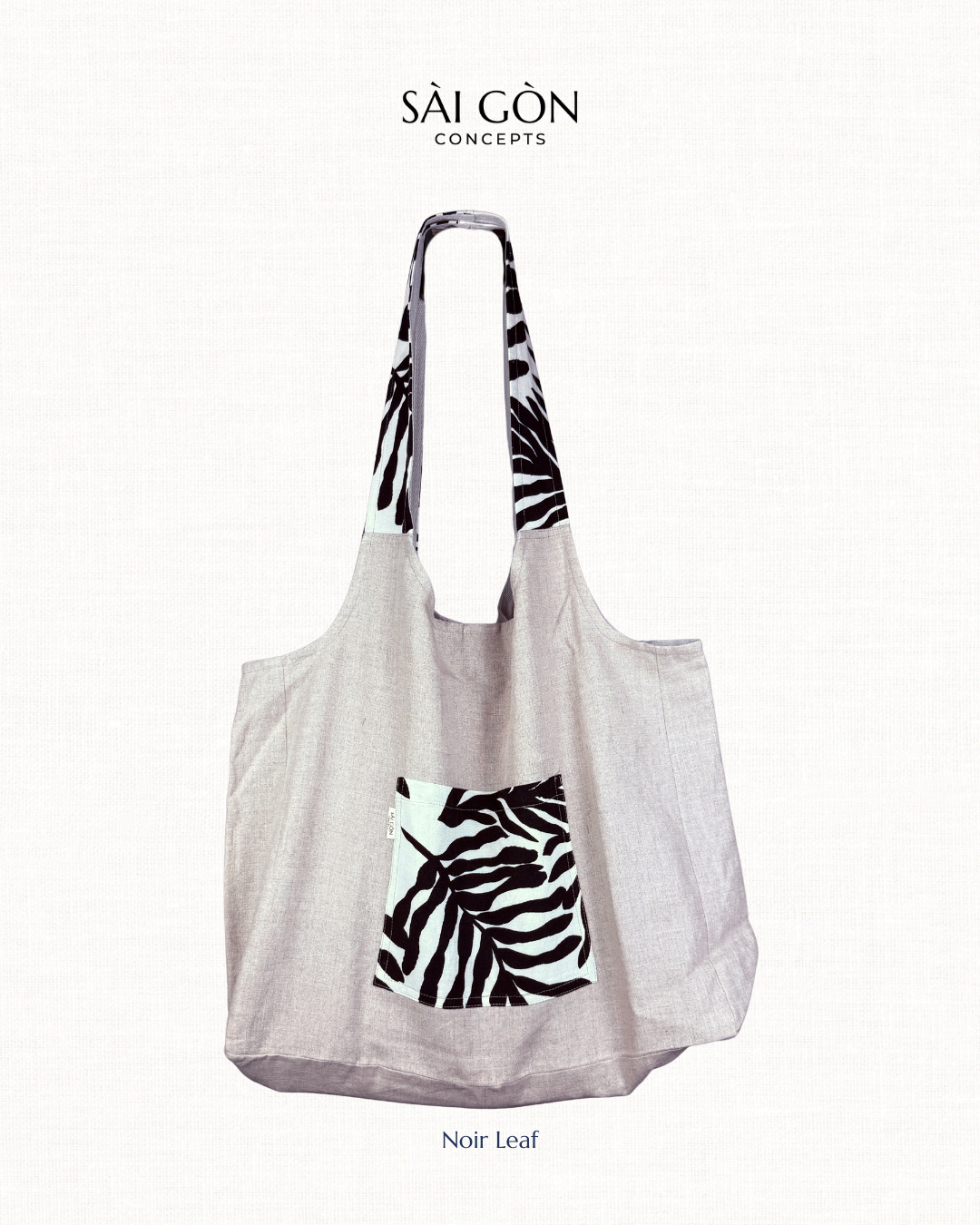 Natural Linen Tote bag with black leaf pocket and handle detail