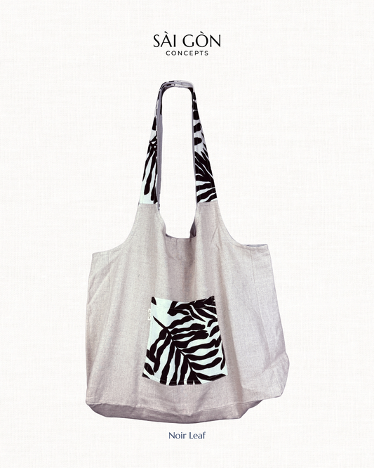 Natural Linen Tote bag with black leaf pocket and handle detail