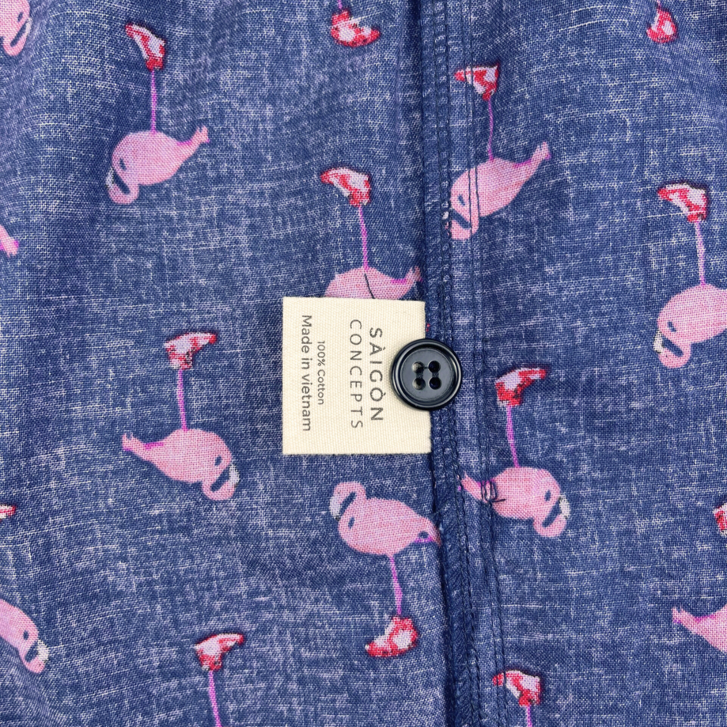 Saigon Concepts Pink flamingo print lounge shorts on navy cotton with drawstring waist - Care Label