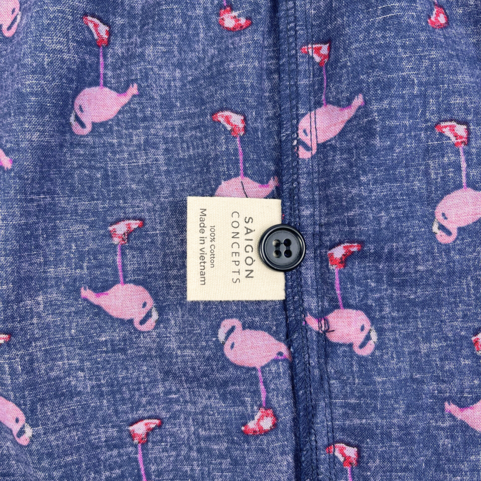 Saigon Concepts Pink flamingo print lounge shorts on navy cotton with drawstring waist - Care Label