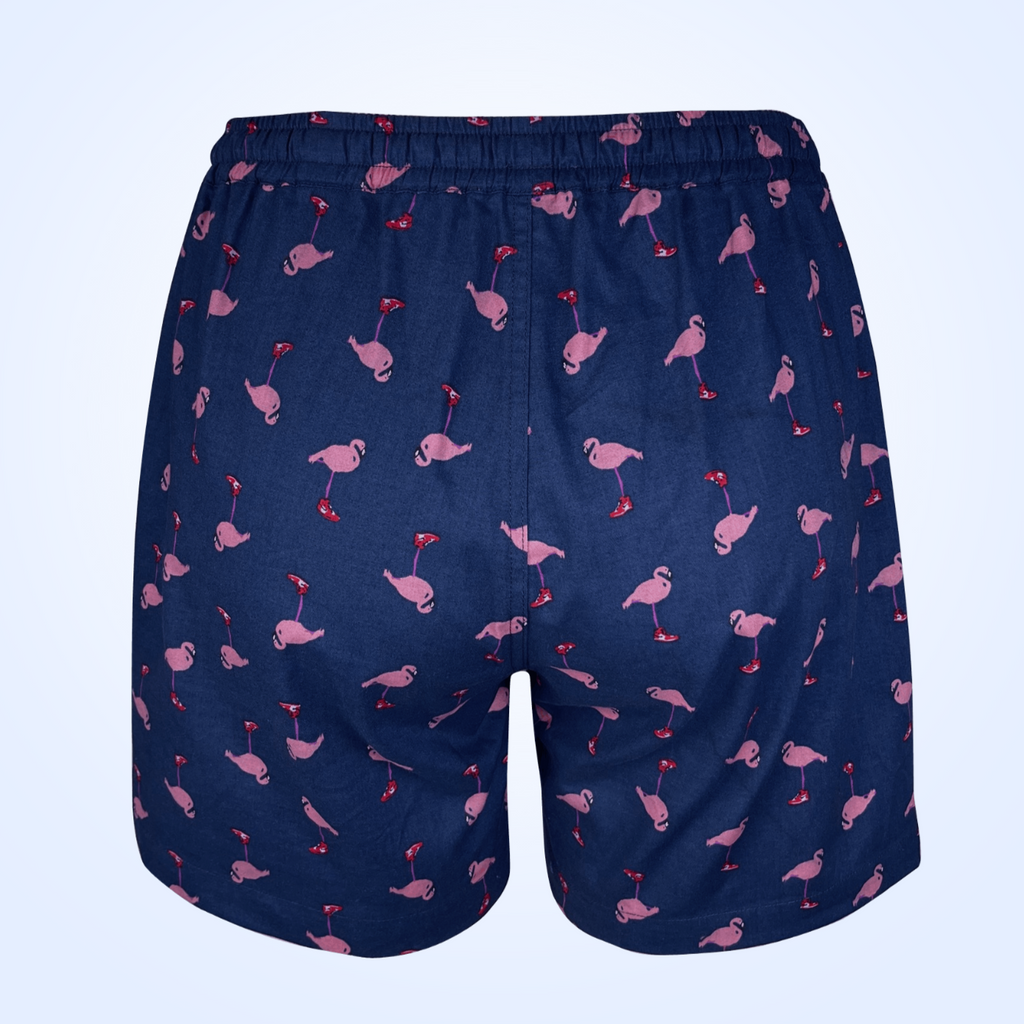 Saigon Concepts Pink flamingo print lounge shorts on navy cotton with drawstring waist - back view