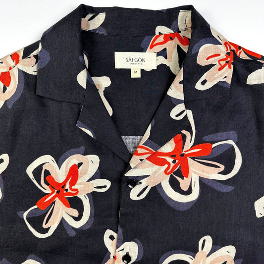 Saigon Concepts Pacific Nights Hawaiian shirt in 100% linen with abstract floral print in navy, beige, and orange-red - sustainable resort wear made in Vietnam