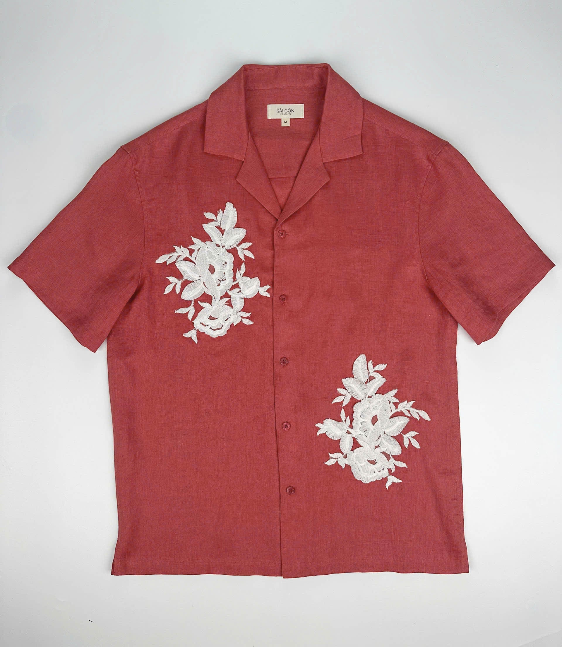 Saigon Concepts Red coloured shirt with white floral lace application on a white background