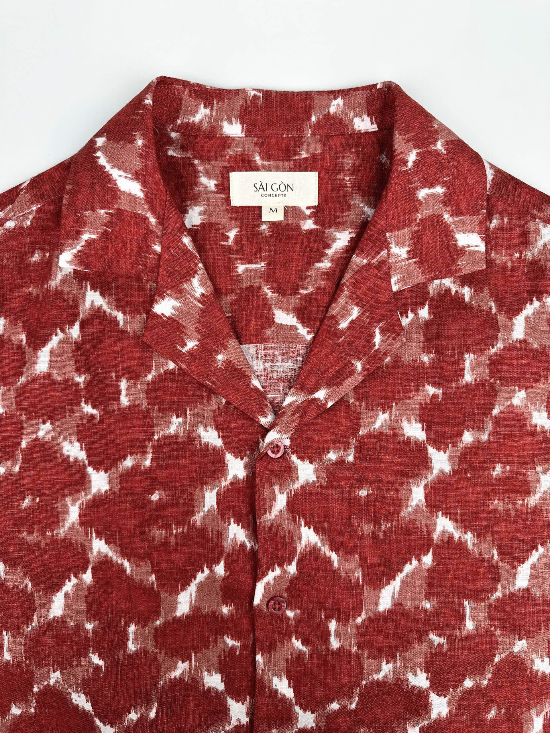 Saigon Concepts Hawaiian Shirt with Red ink blot patterned shirt on a white background - collar view