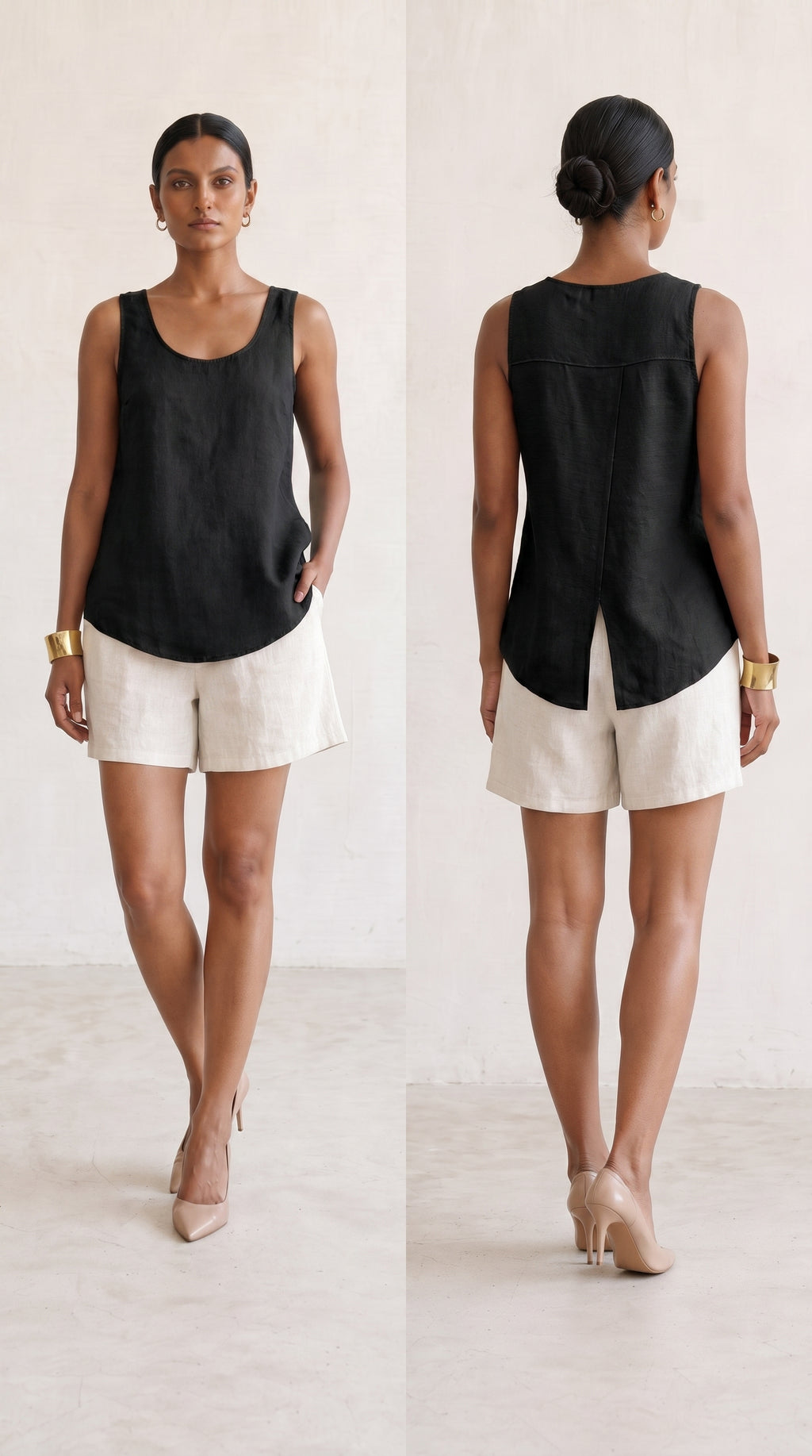 Woman wearing Saigon Concepts Aria linen tank tank top in black colour showing front and back view with overlap flap back detail to keep you cool.