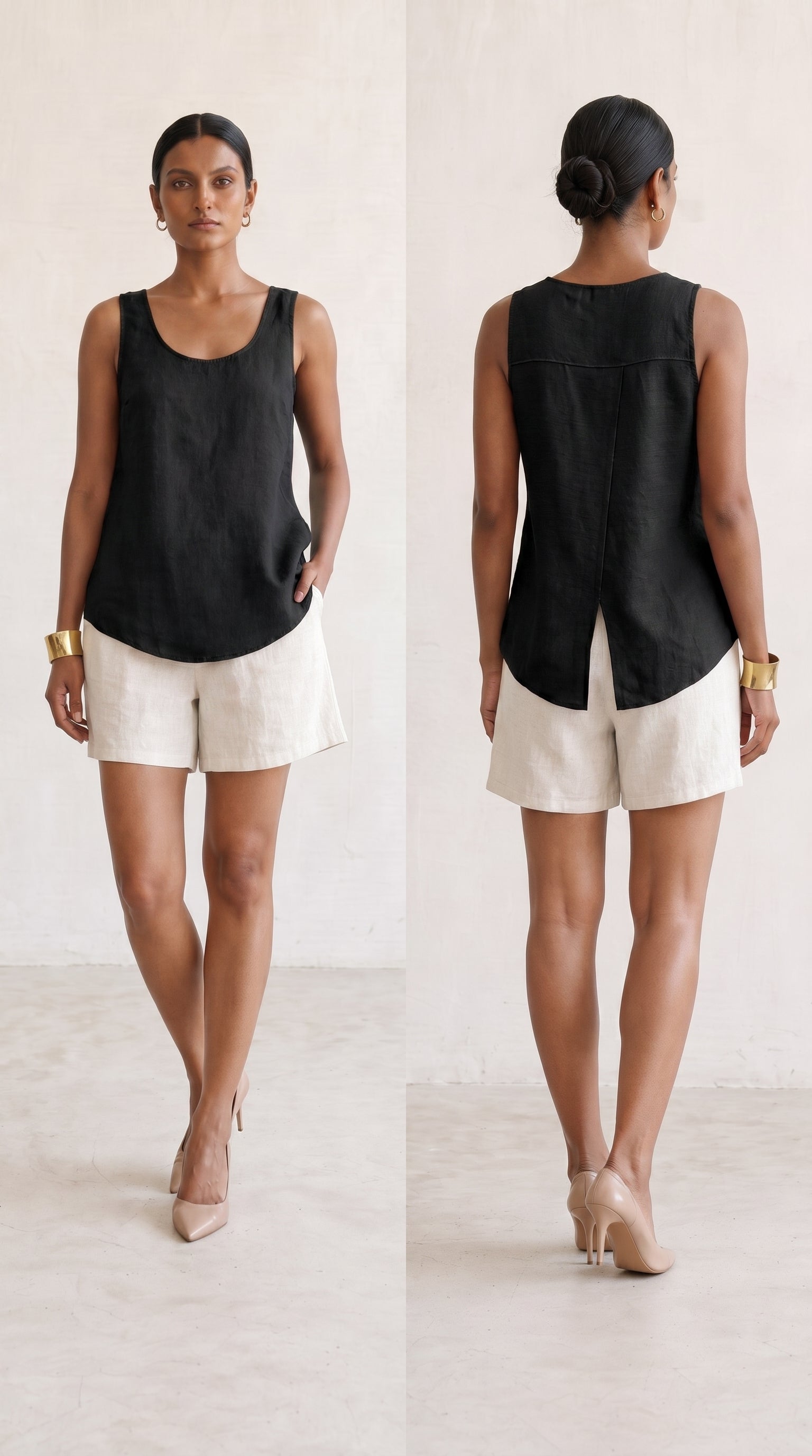 Woman wearing Saigon Concepts Aria linen tank tank top in black colour showing front and back view with overlap flap back detail to keep you cool.