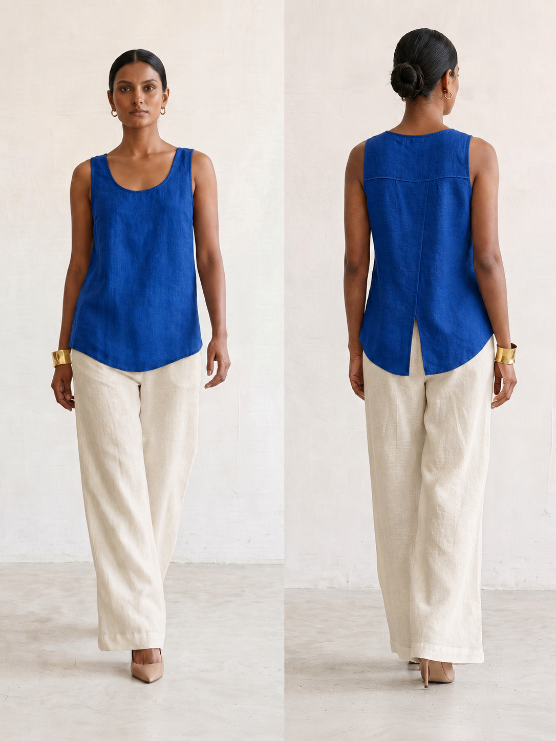 Woman wearing Saigon Concepts Aria linen tank tank top in cobalt blue colour showing front and back view with overlap flap back detail to keep you cool.