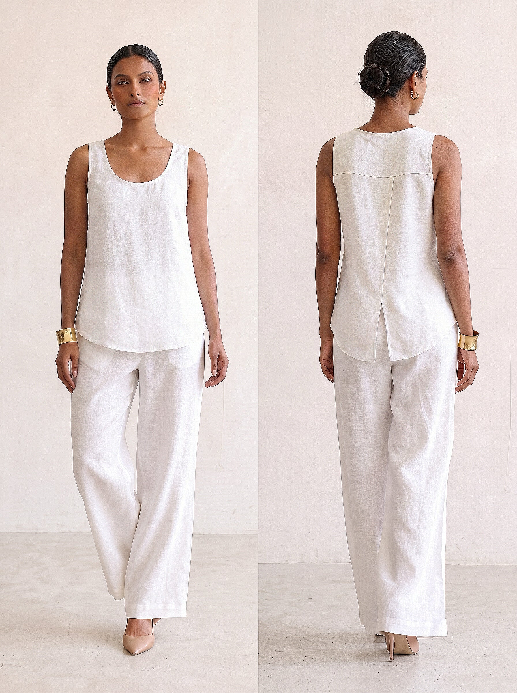 Woman wearing Saigon Concepts Aria linen tank tank top in white colour showing front and back view with overlap flap back detail to keep you cool.