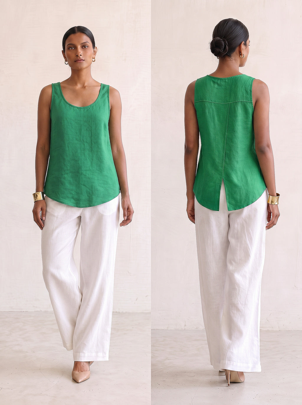 Woman wearing Saigon Concepts Aria linen tank tank top in emerald green colour showing front and back view with overlap flap back detail to keep you cool.