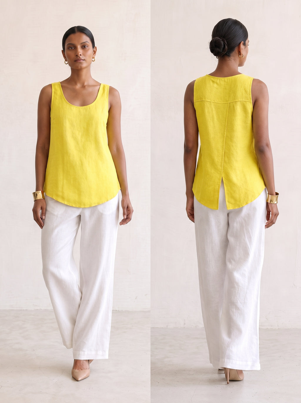 Woman wearing Saigon Concepts Aria linen tank tank top in lemon colour showing front and back view with overlap flap back detail to keep you cool.