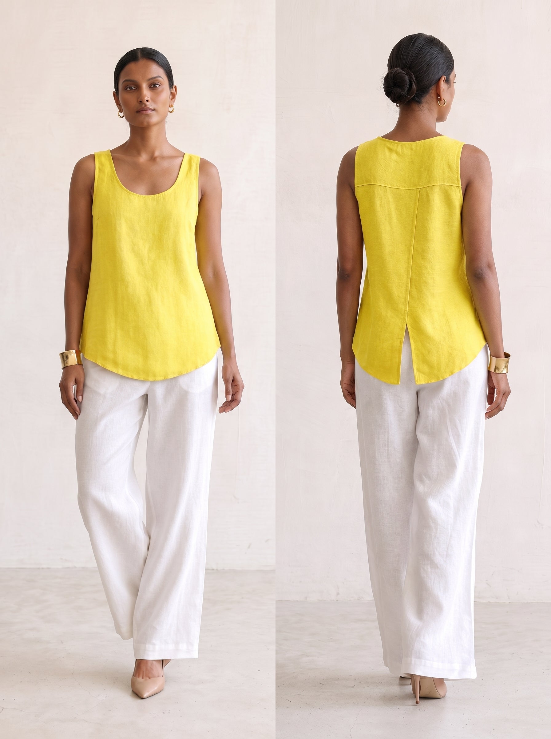 Woman wearing Saigon Concepts Aria linen tank tank top in lemon colour showing front and back view with overlap flap back detail to keep you cool.