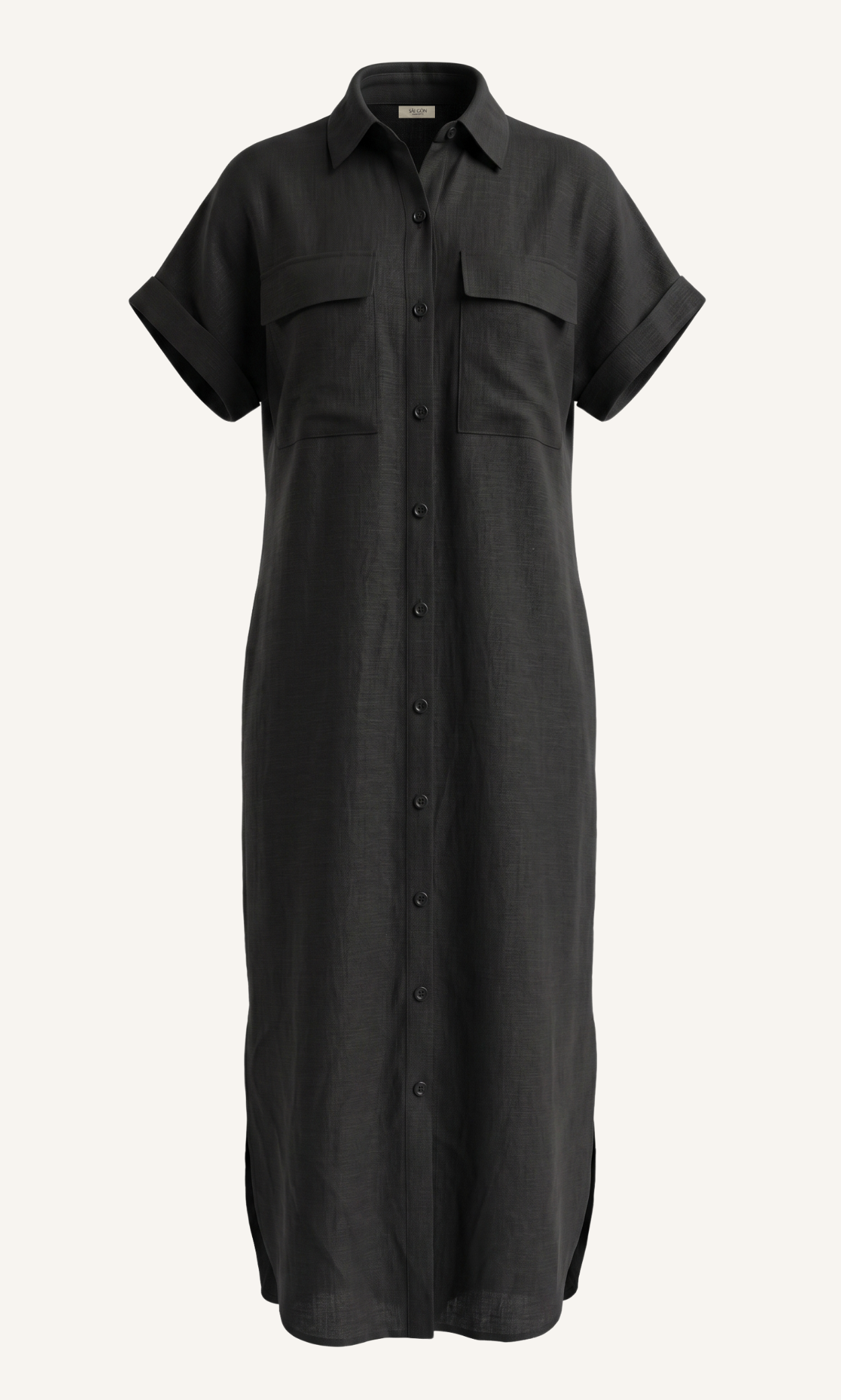 Black - 100% Linen Maxi Shirt Dress