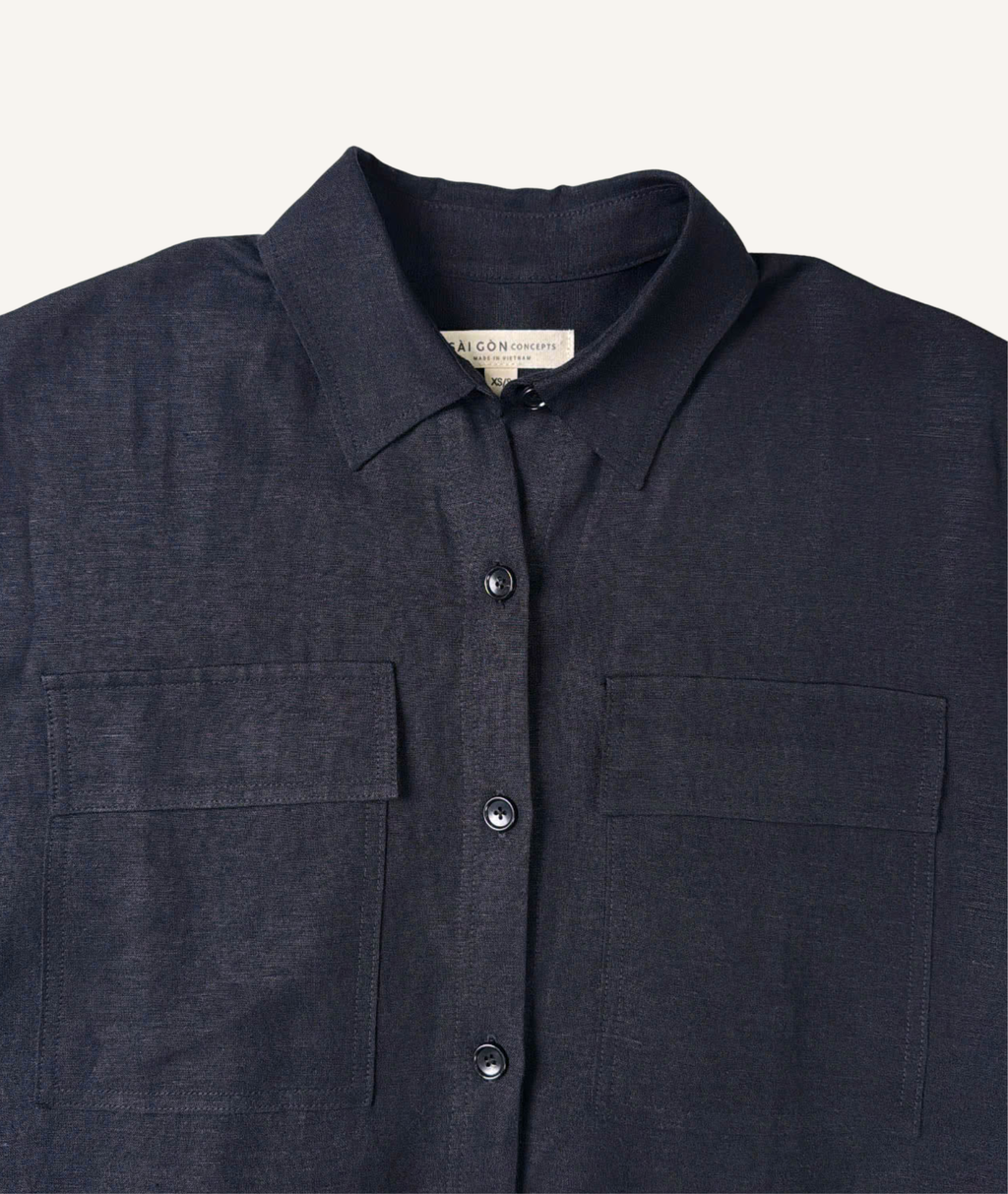 Black - 100% Linen Maxi Shirt Dress
