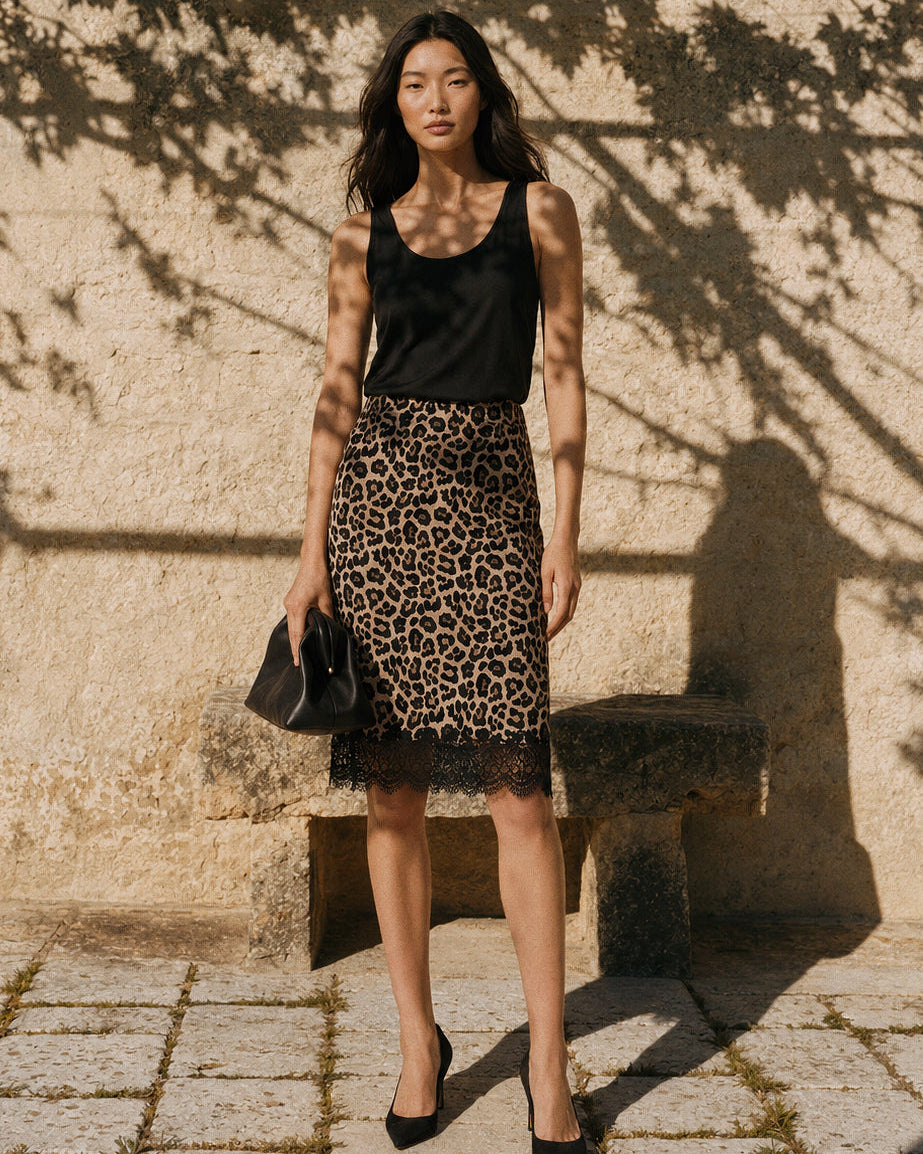 Back view of a leopard-print pencil skirt on a ghost mannequin
