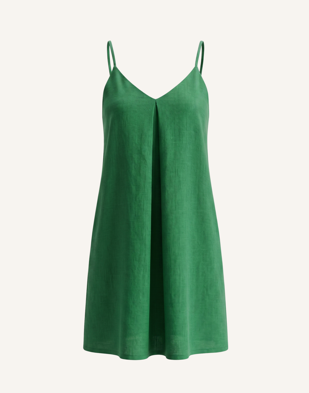 Ghost mannequin front view of a green low-back camisole dress