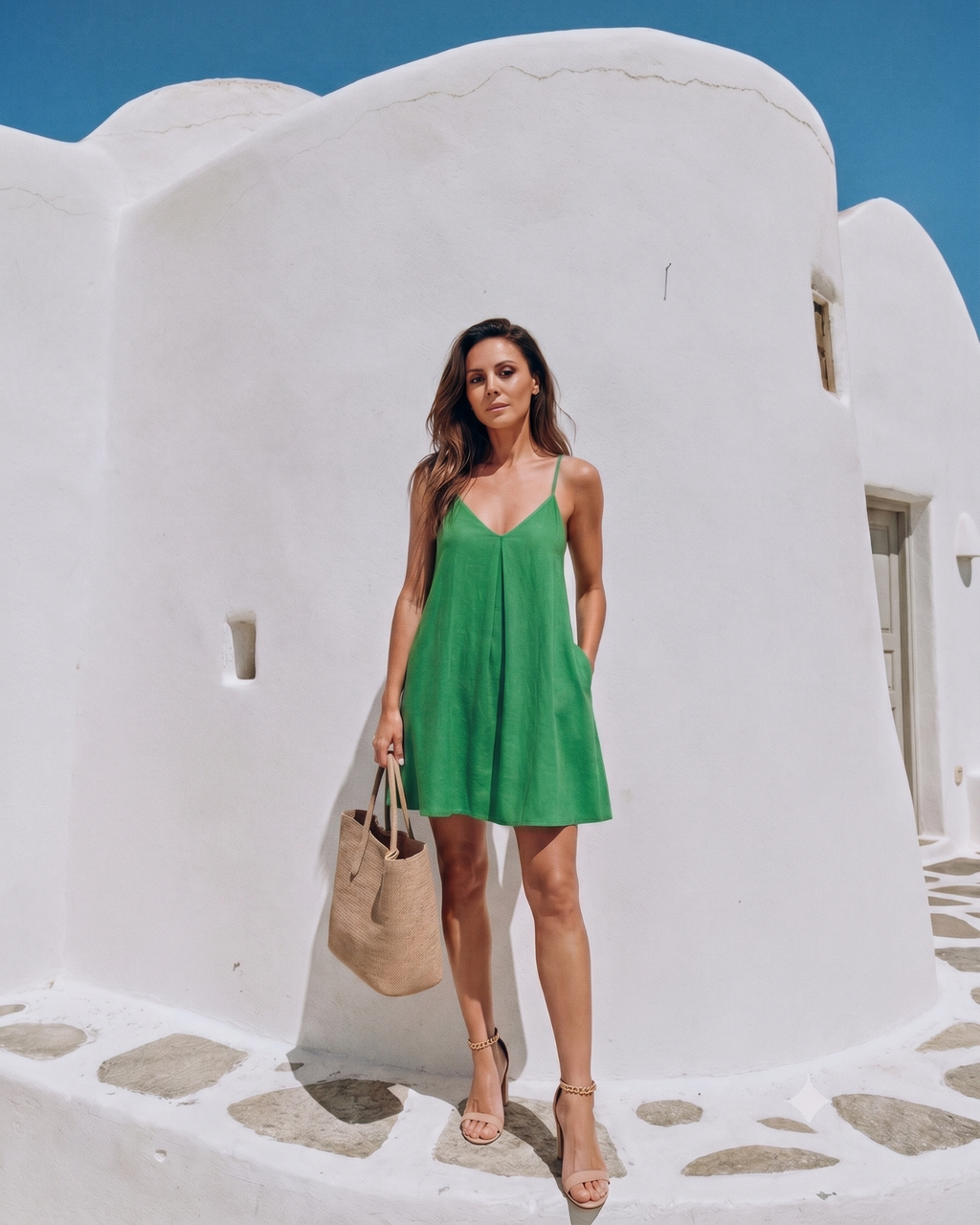 Woman wearing a green low-back camisole dress, front view outdoors against a white building