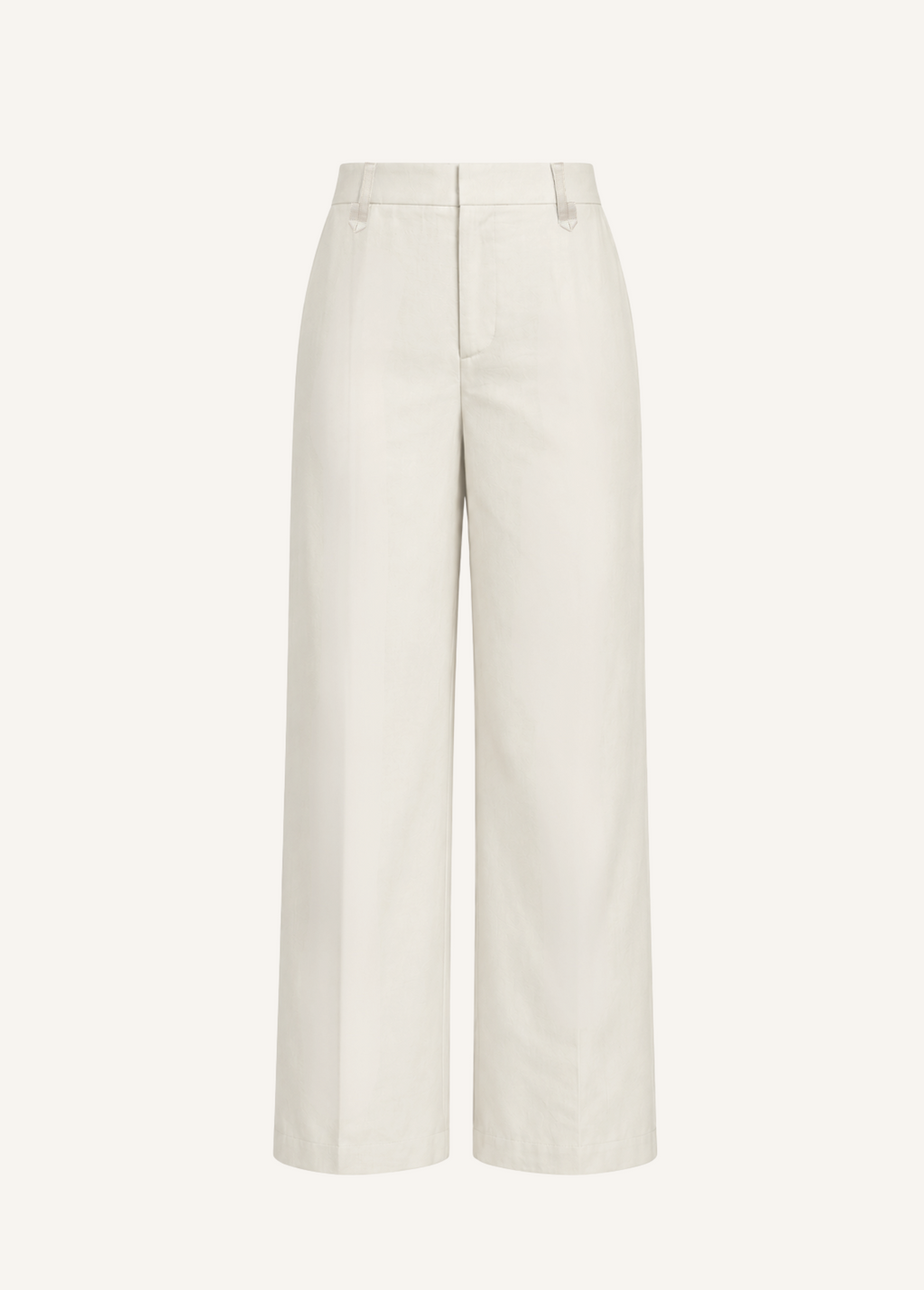 Ghost mannequin side angle view of ivory wide-leg pants