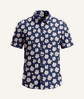 Ghost mannequin front view of a navy shirt with a white floral print