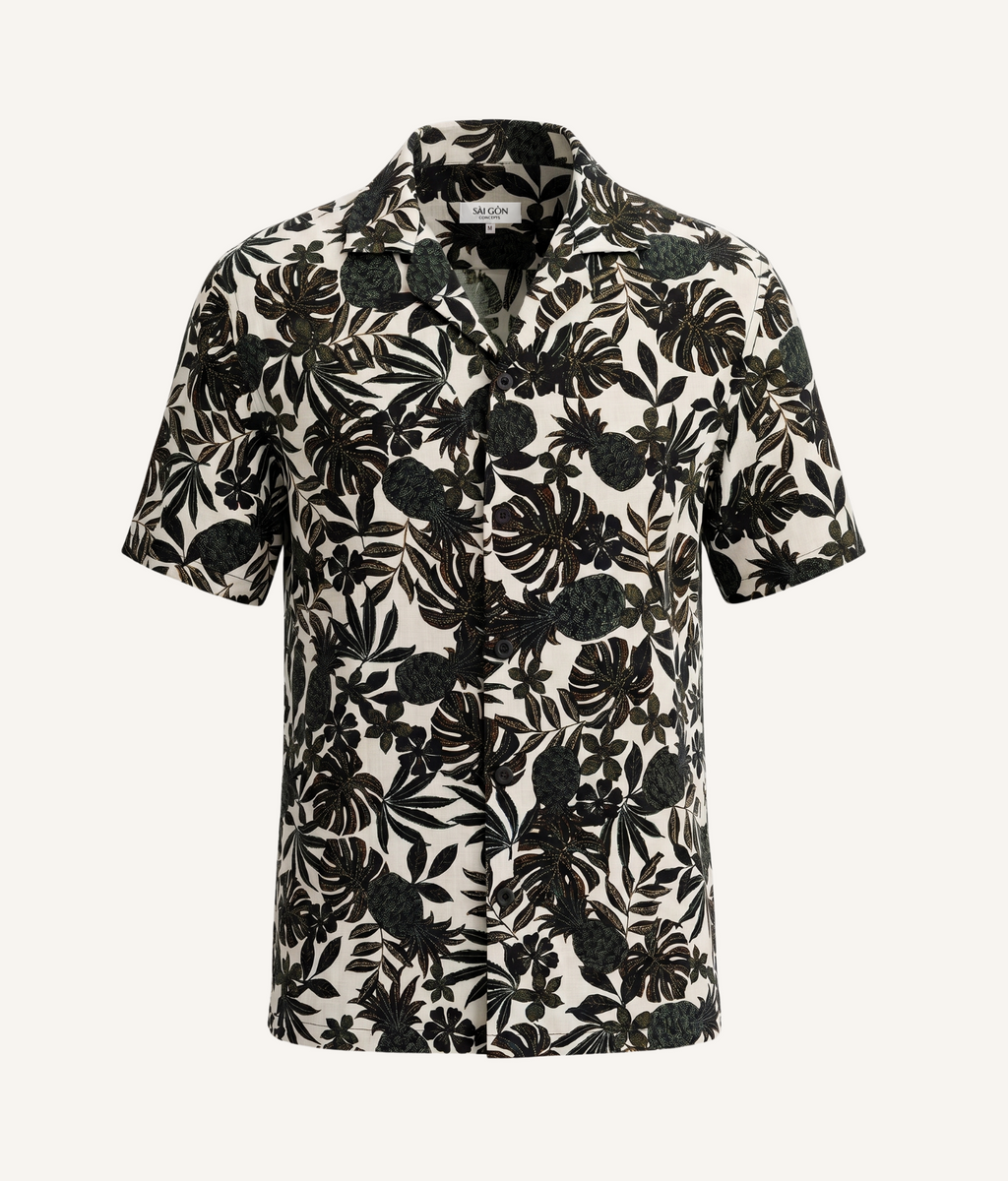 Tropic Dạo Pineapple Tropical Print - Linen-Cotton Hawaiian Shirt