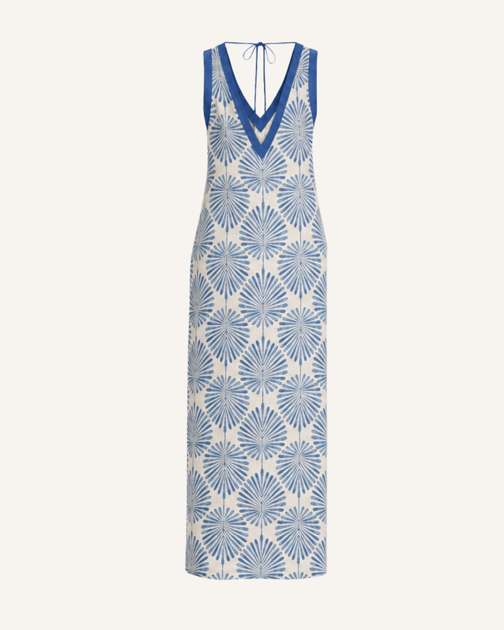 Ghost mannequin back view of a light blue patterned halter maxi dress
