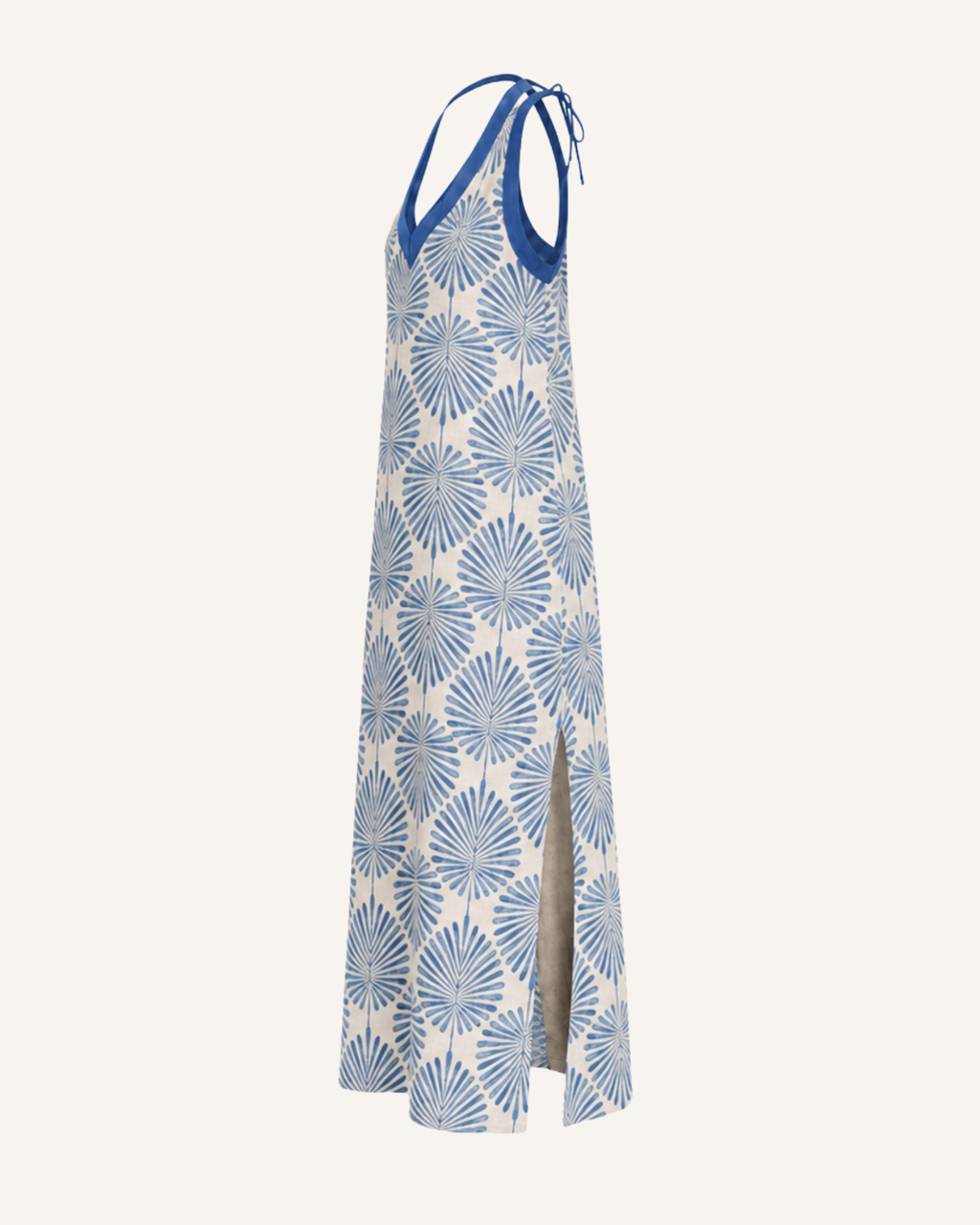 Ghost mannequin side view of a light blue patterned halter maxi dress