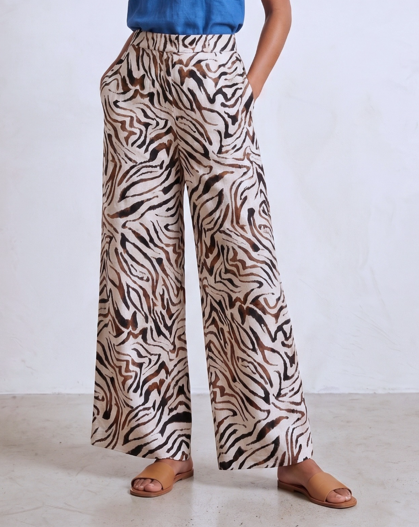 Flat front view of white and black zebra-stripe print wide-leg pants