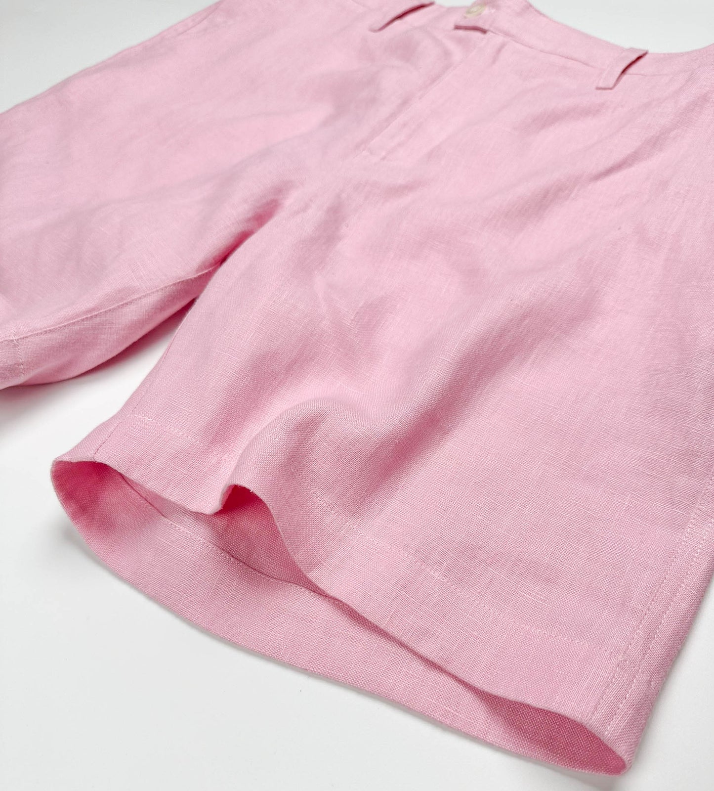Saigon concepts blush pink linen shorts - flat front leg detail view