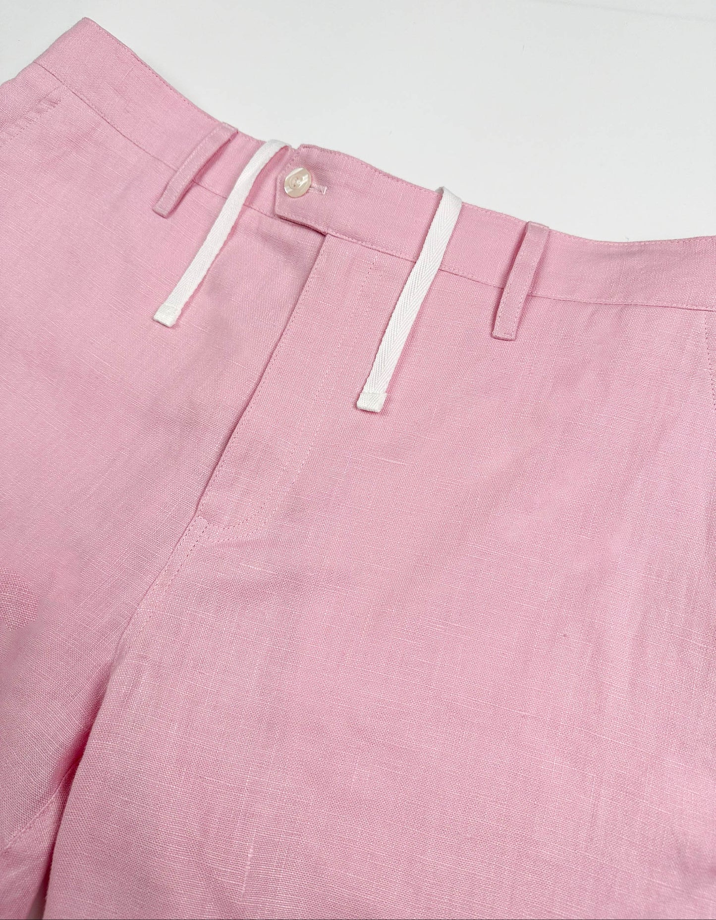 Saigon concepts blush pink linen shorts - flat front drawstring and button closure detail