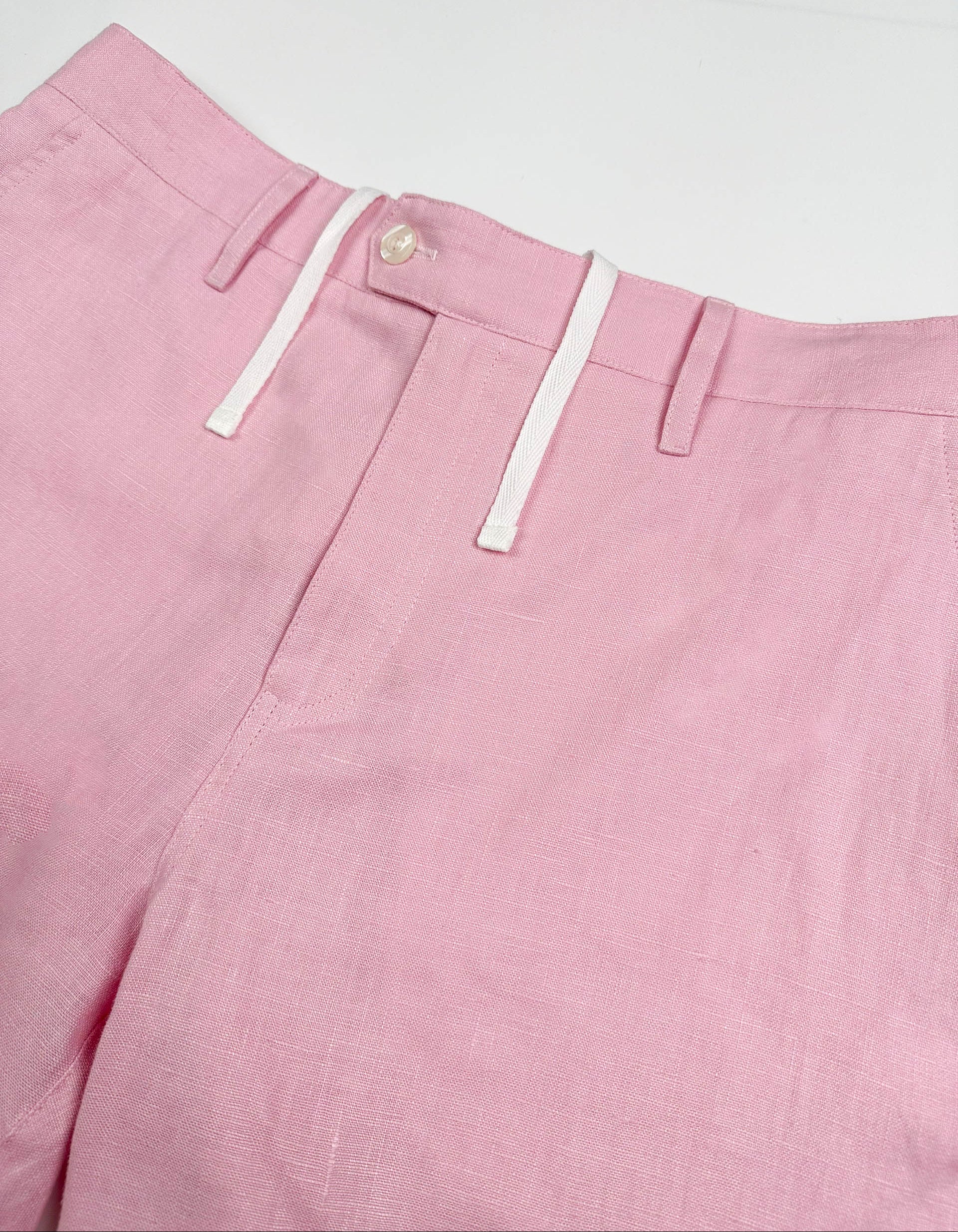 Saigon concepts blush pink linen shorts - flat front drawstring and button closure detail
