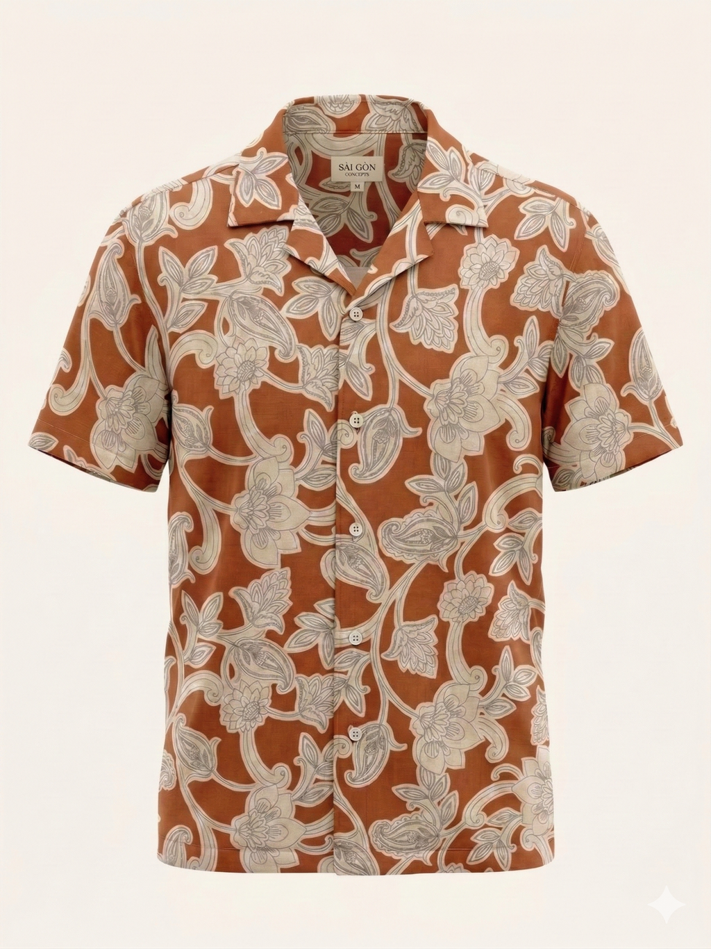 Saigon Concepts Annam Vine Hawaiian Shirt with white etched floral print on rust-orange linen fabric - 3D mannequin view