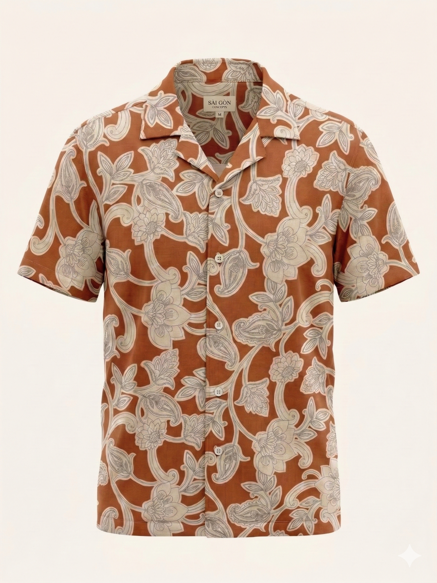 Saigon Concepts Annam Vine Hawaiian Shirt with white etched floral print on rust-orange linen fabric - 3D mannequin view