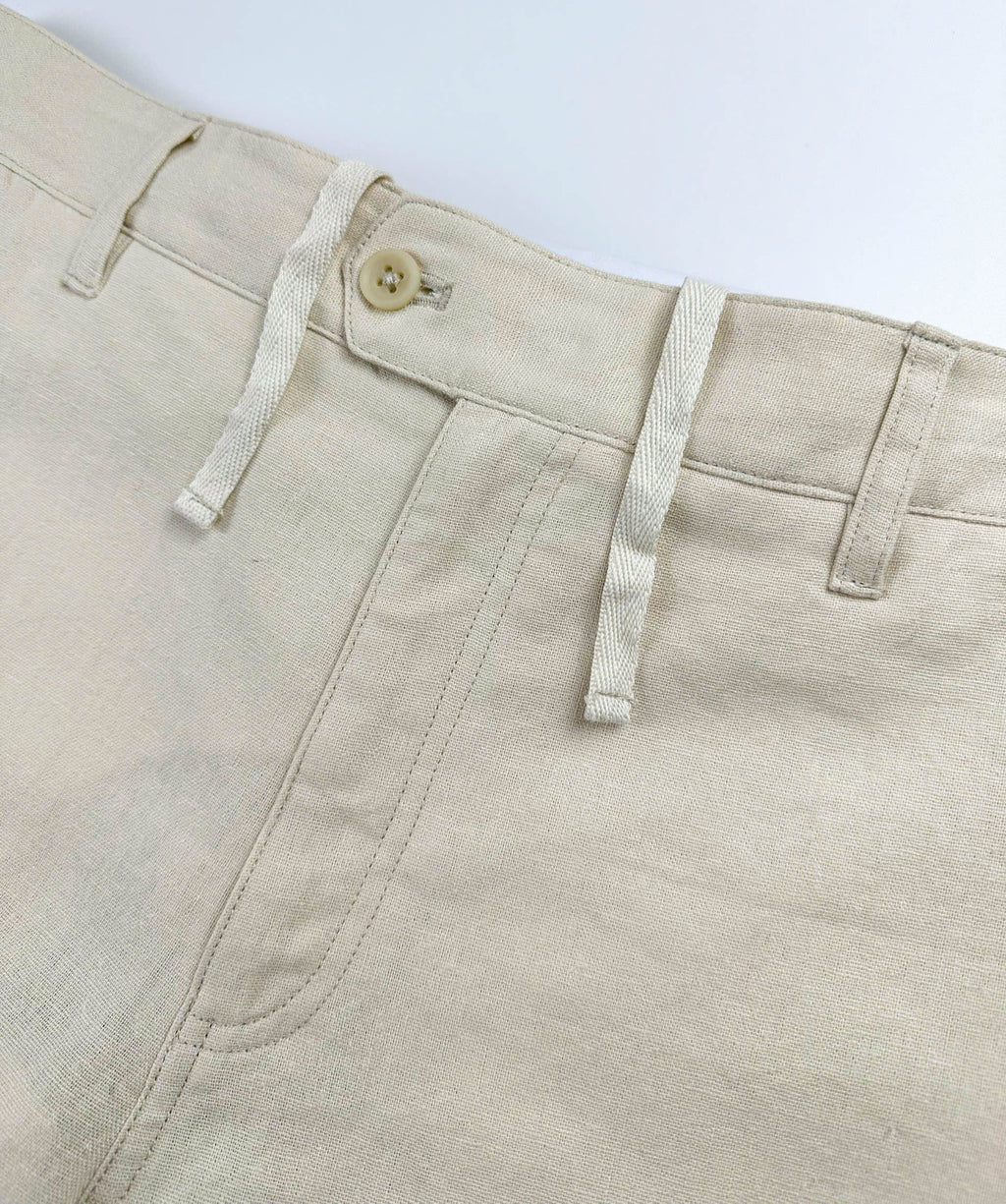 Sand coloured shorts front zipper and tie cord detail