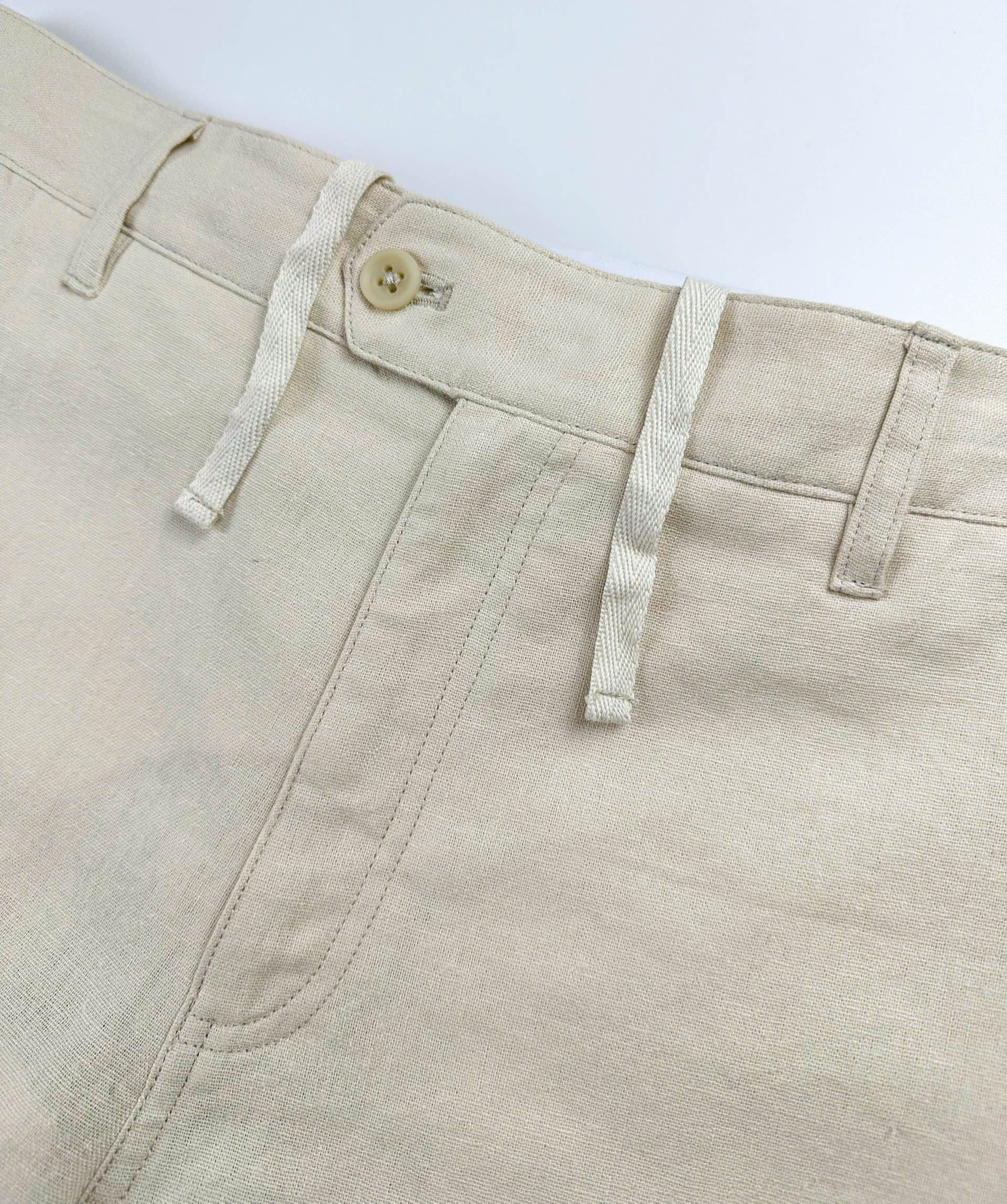 Sand coloured shorts front zipper and tie cord detail
