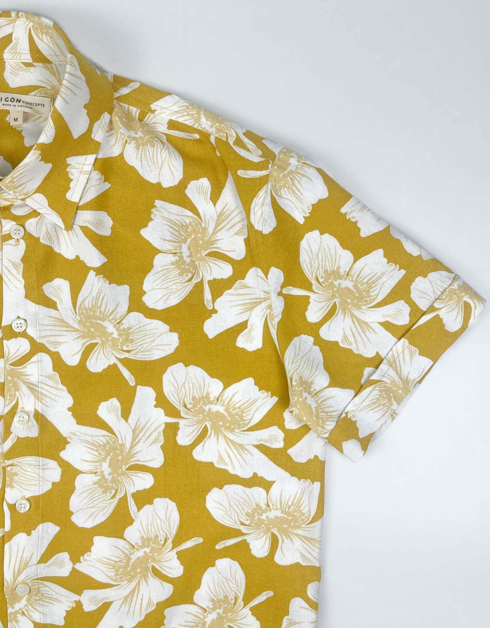 Golden Hibiscus - Linen-Cotton Short Sleeve Button-Up Shirt