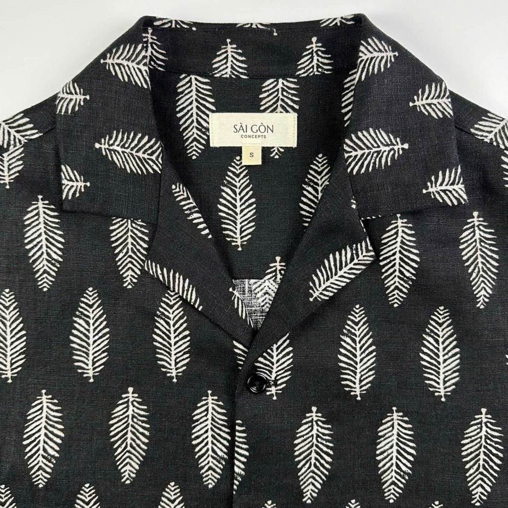 Black linen Hawaiian shirt with silver  white print