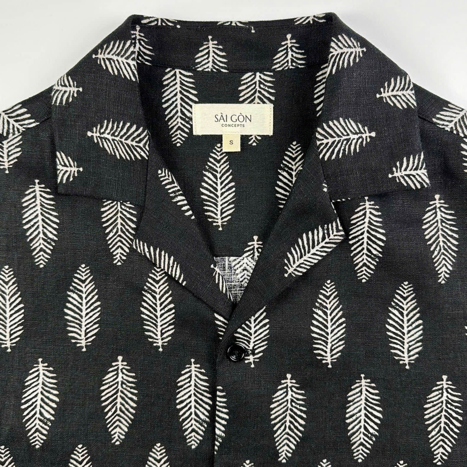 Black linen Hawaiian shirt with silver  white print