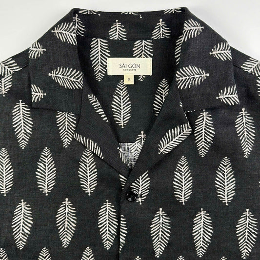 Black linen Hawaiian shirt with silver  white print