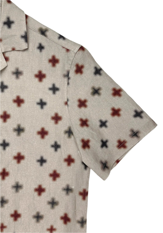 Beige Hawaiian style shirt with black and rust coloured cross pattern print