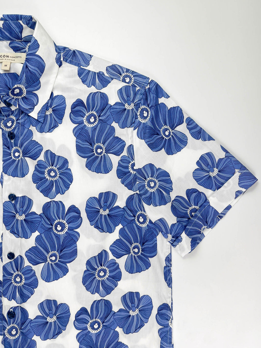 Indigo Poppies - 100% Cotton Short Sleeve Button-Up Shirt