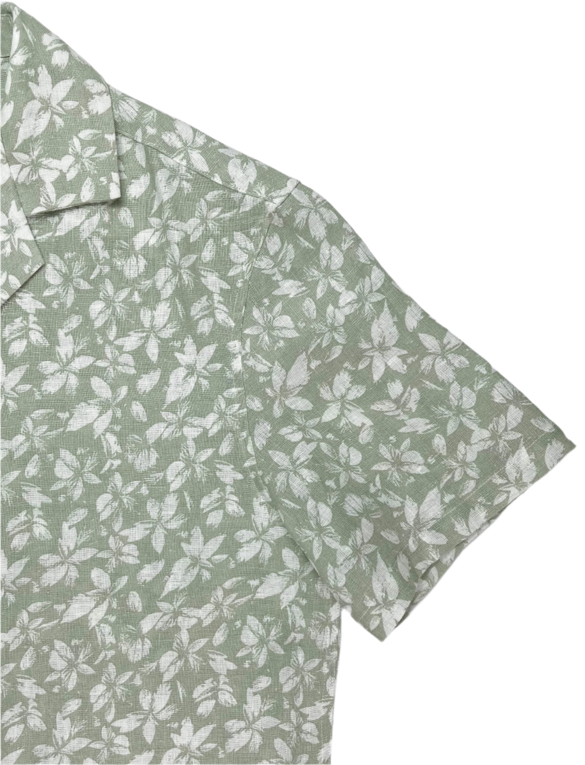 Mint Green Linen Hawaiian Shirt with delicate white floral print