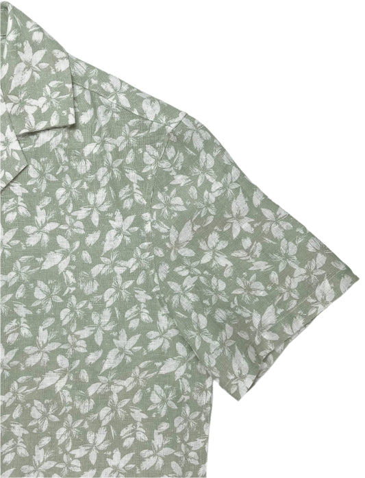 Mint Green Linen Hawaiian Shirt with delicate white floral print