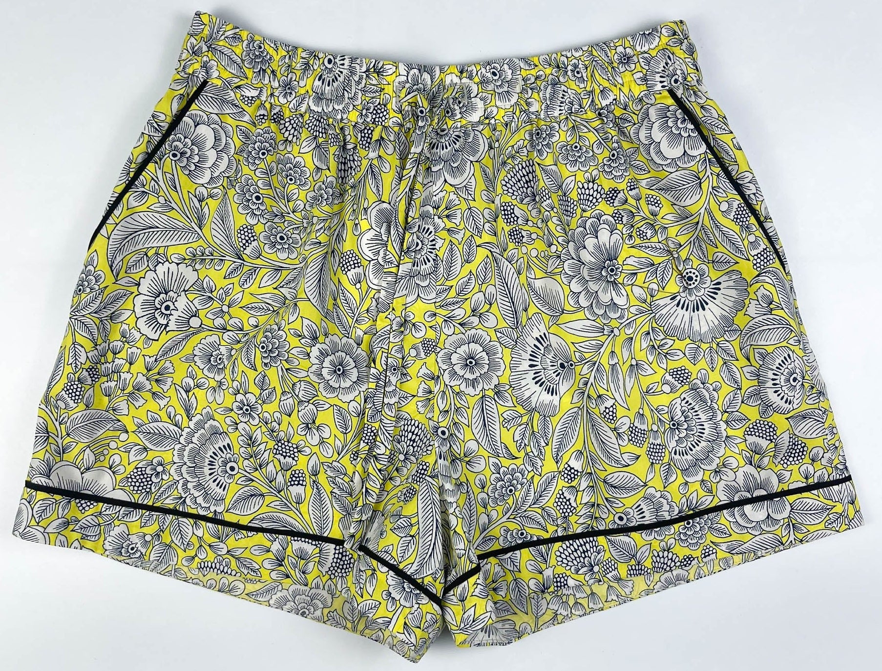 Sunshine Chintz pyjama short lay flat, yellow cotton with grey floral print - Saigon Concepts