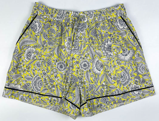 Sunshine Chintz pyjama short lay flat, yellow cotton with grey floral print - Saigon Concepts