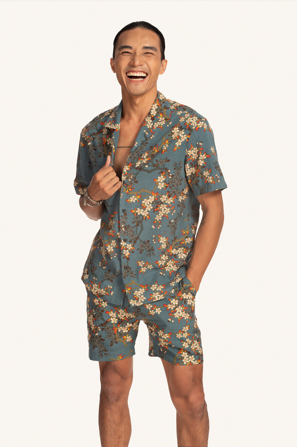 Teal Blue Blossom - Linen-Cotton Hawaiian Shirt