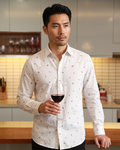 Tide Rider white long-sleeve cotton shirt with subtle surfer print, full view