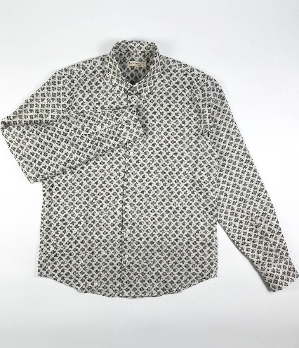 Tiny Black Fish linen long sleeve button-up shirt lay flat full front view, small fish print on natural white base