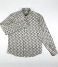 Tiny Black Fish linen long sleeve button-up shirt lay flat full front view, small fish print on natural white base