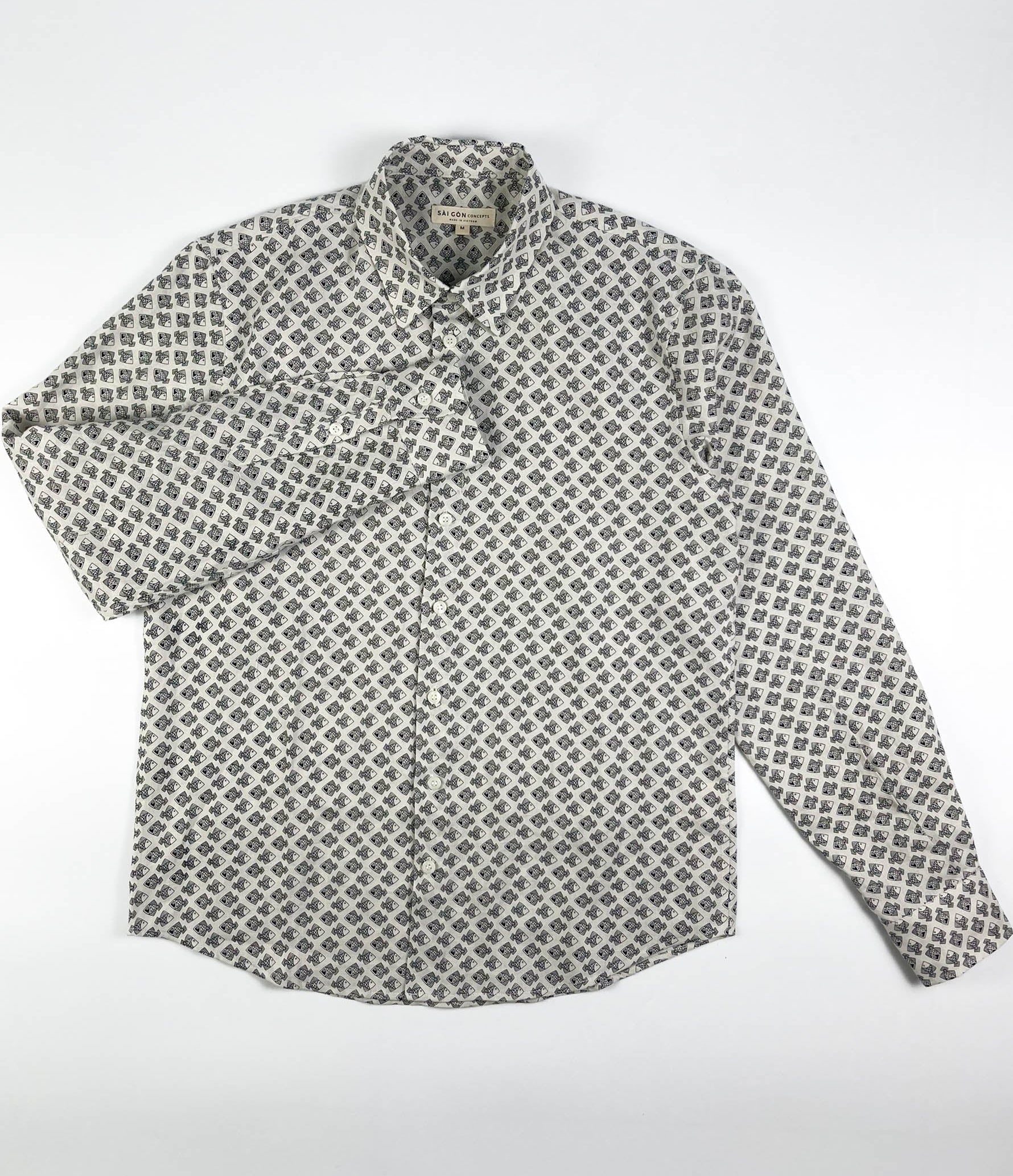 Tiny Black Fish linen long sleeve button-up shirt lay flat full front view, small fish print on natural white base
