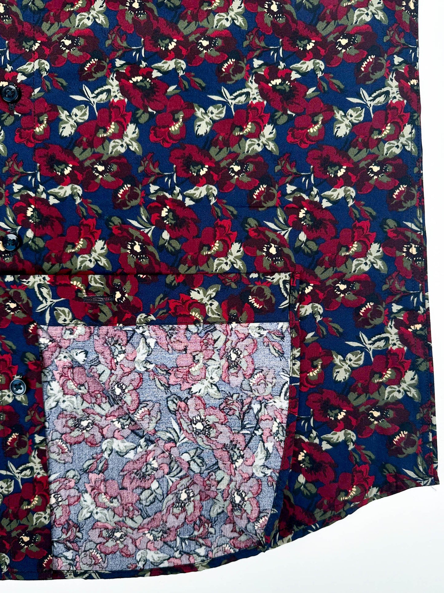 Wild Burgundy cotton short sleeve button-up shirt lay flat seam detail view, burgundy floral print on navy blue.