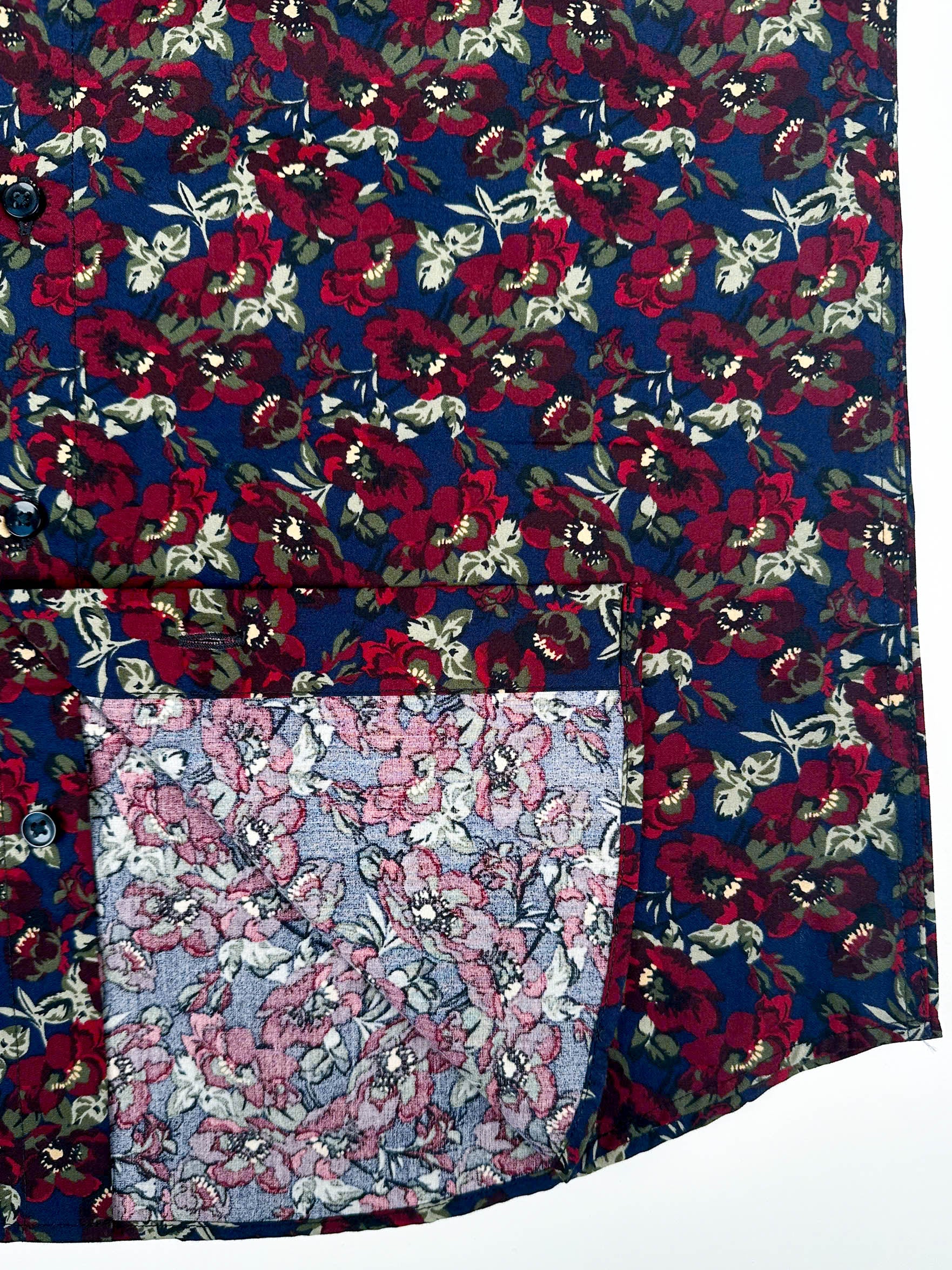 Wild Burgundy cotton short sleeve button-up shirt lay flat seam detail view, burgundy floral print on navy blue.